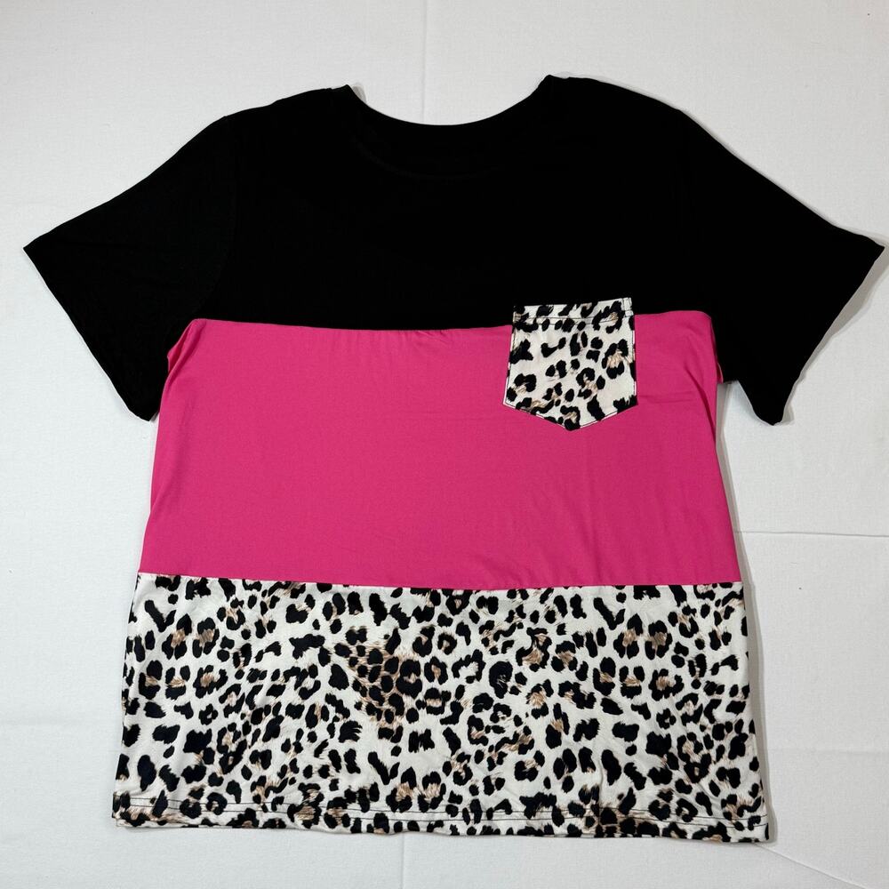 Women 2XL Leopard Color Block Short Sleeve Tee Patch Pocket Pink Black Blouse